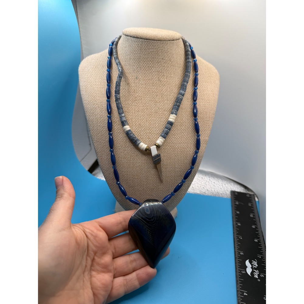 Vintage Blue Beaded Necklace Set Agate Pendant Spike Boho Layering Jewelry 2pc